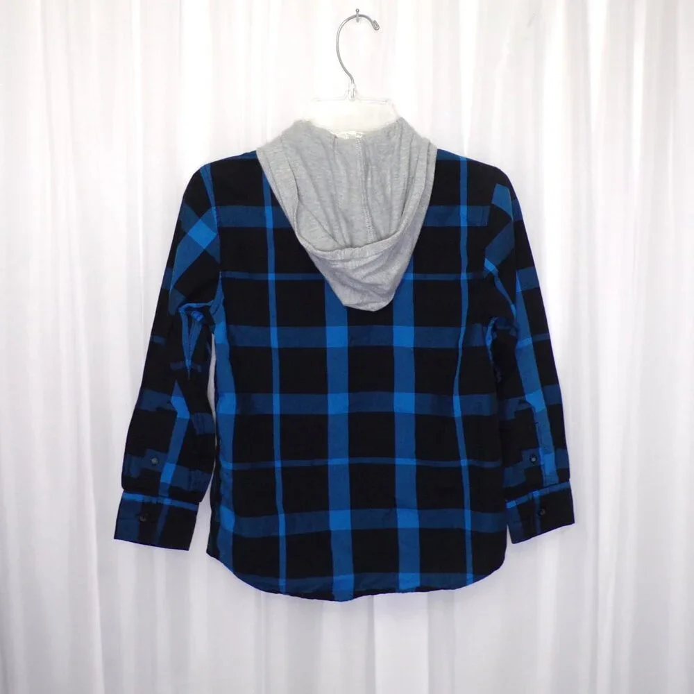 Old Navy Boys Plaid Button Up Shirt Hoodie Size Small Blue Black Pockets School